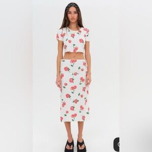 Floral and Cherry Print Midi Skirt